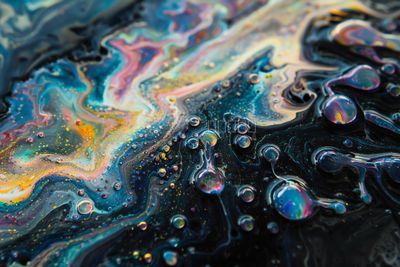 Makroaufnahme von irisierenden Flüssigkeiten und Blasen